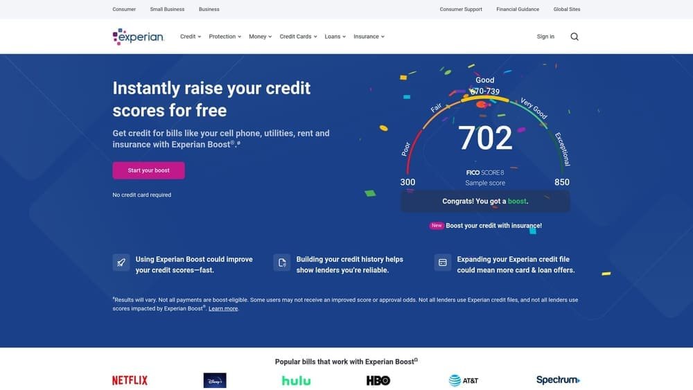 Screenshot of Experian Boost website