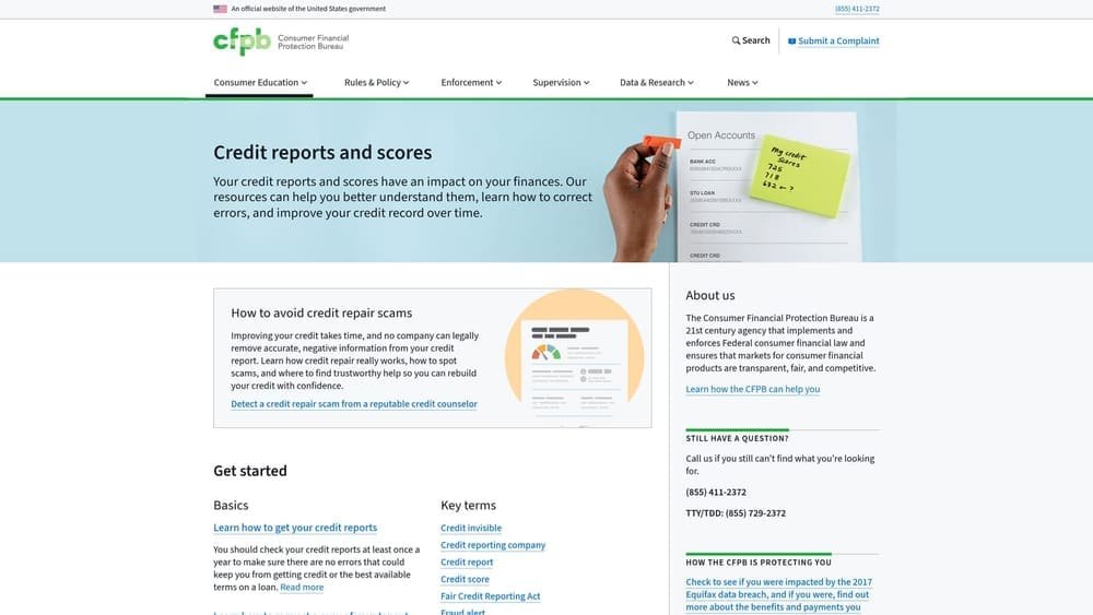 Screenshot of CFPB Credit Reports and Scores Resource Center website